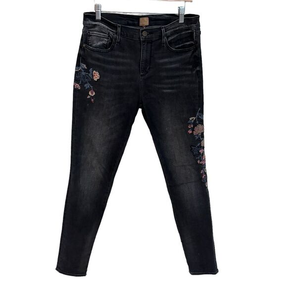 Driftwood Jackie Floral Embroidered High Rise Distressed Black Skinny Jeans 30 - Picture 1 of 11